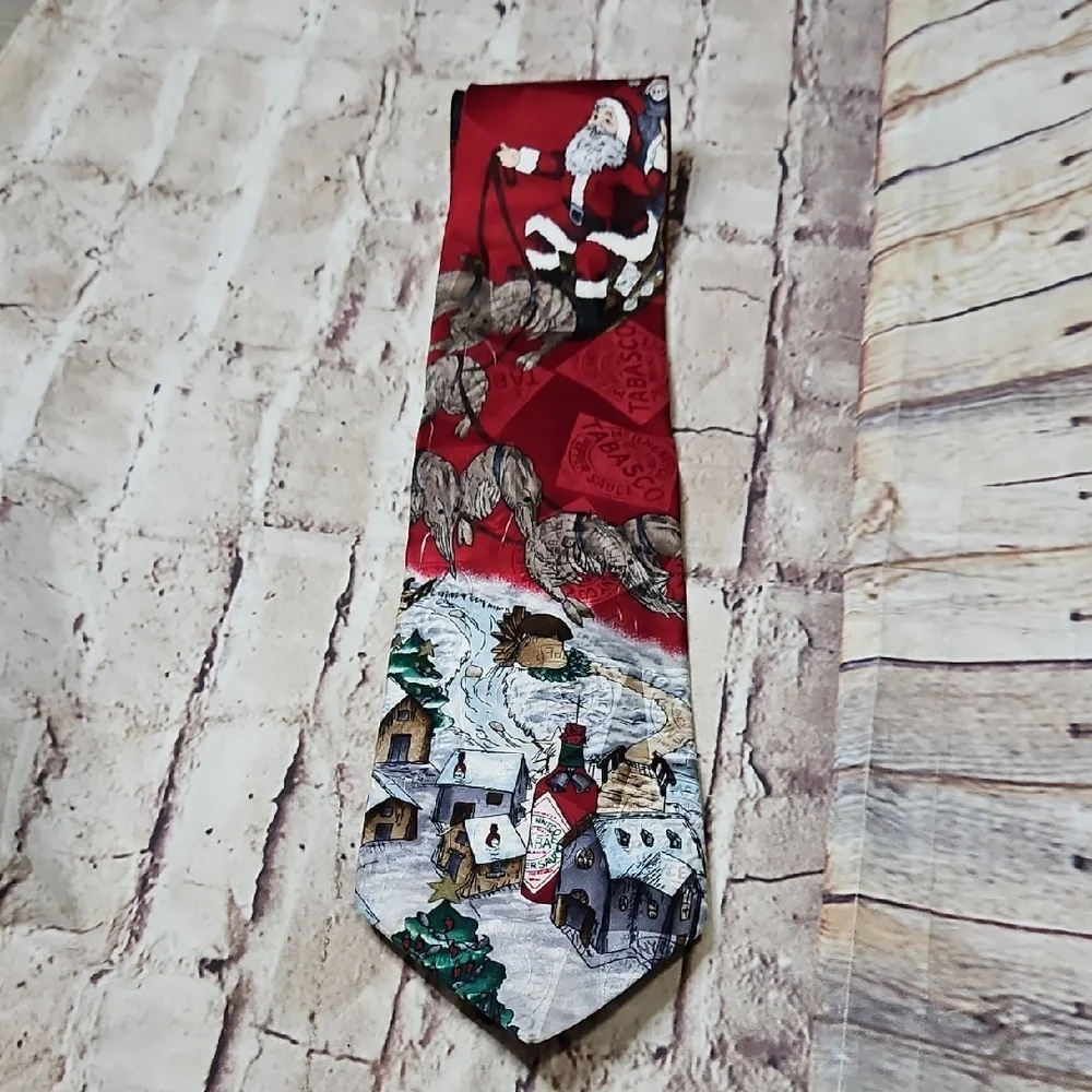 Tabasco‎ Santa shrimp prawns crayfish pulling sleigh Christmas silk neck tie
